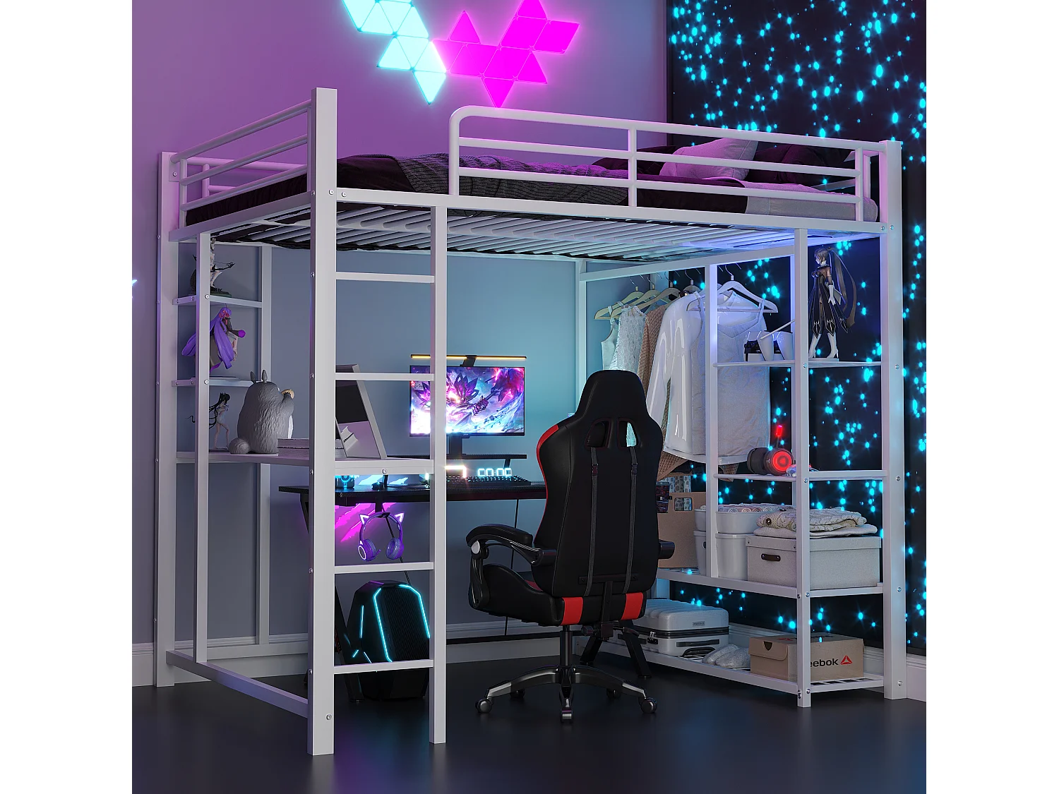 Lit enfant Lit 140x200 Dormant en hauteur avec échelle avec table et rangement Métal Blanc