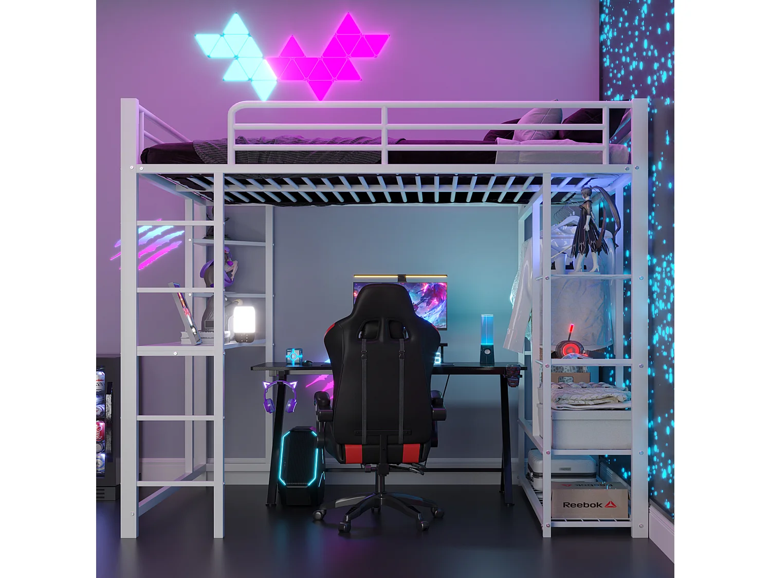 Lit enfant Lit 140x200 Dormant en hauteur avec échelle avec table et rangement Métal Blanc