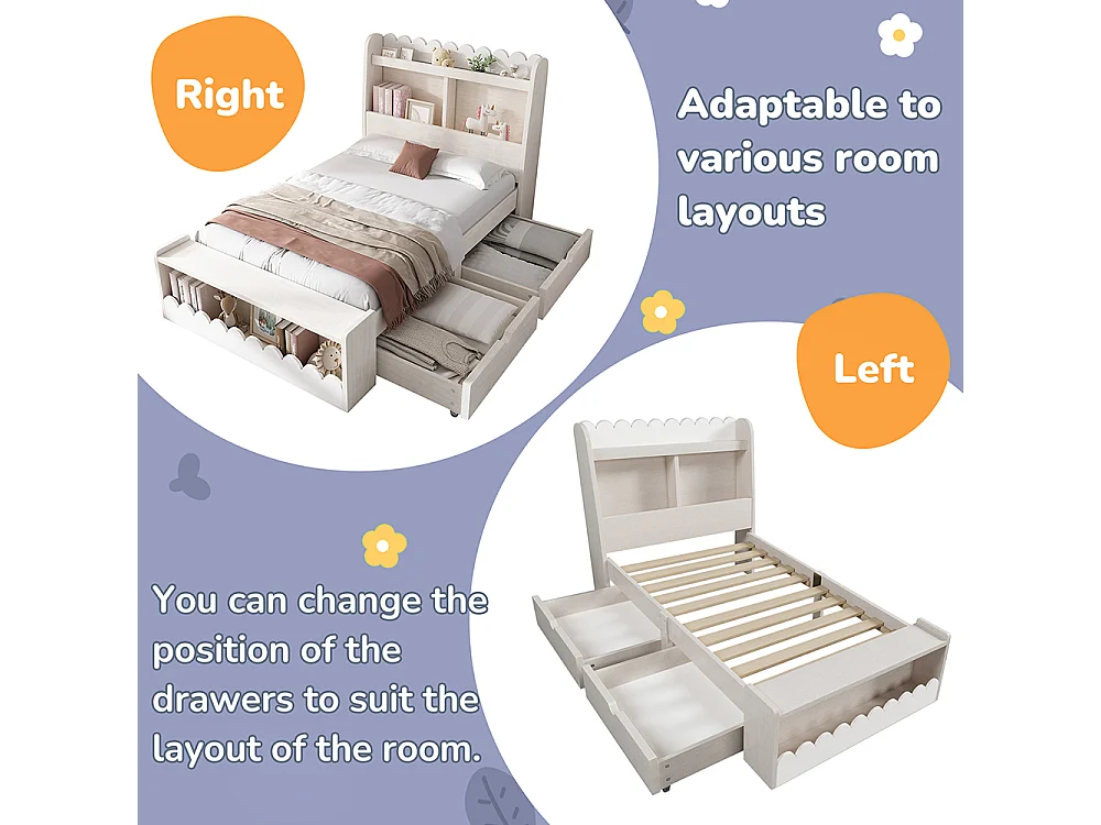 Lit avec rangement lit enfant 90 x 190 cm avec tiroirs étagère et banc de rangement inclus sans matelas Blanc