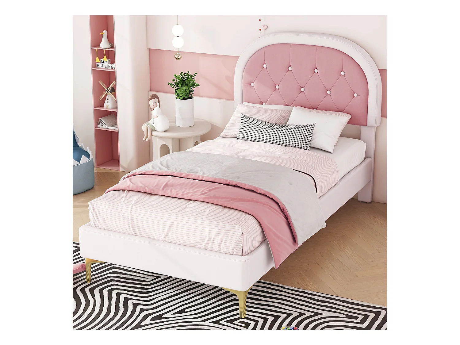 Lit enfant 90 x 200 cm Pieds en métal Tête de lit incurvée Sans matelas Rose velours
