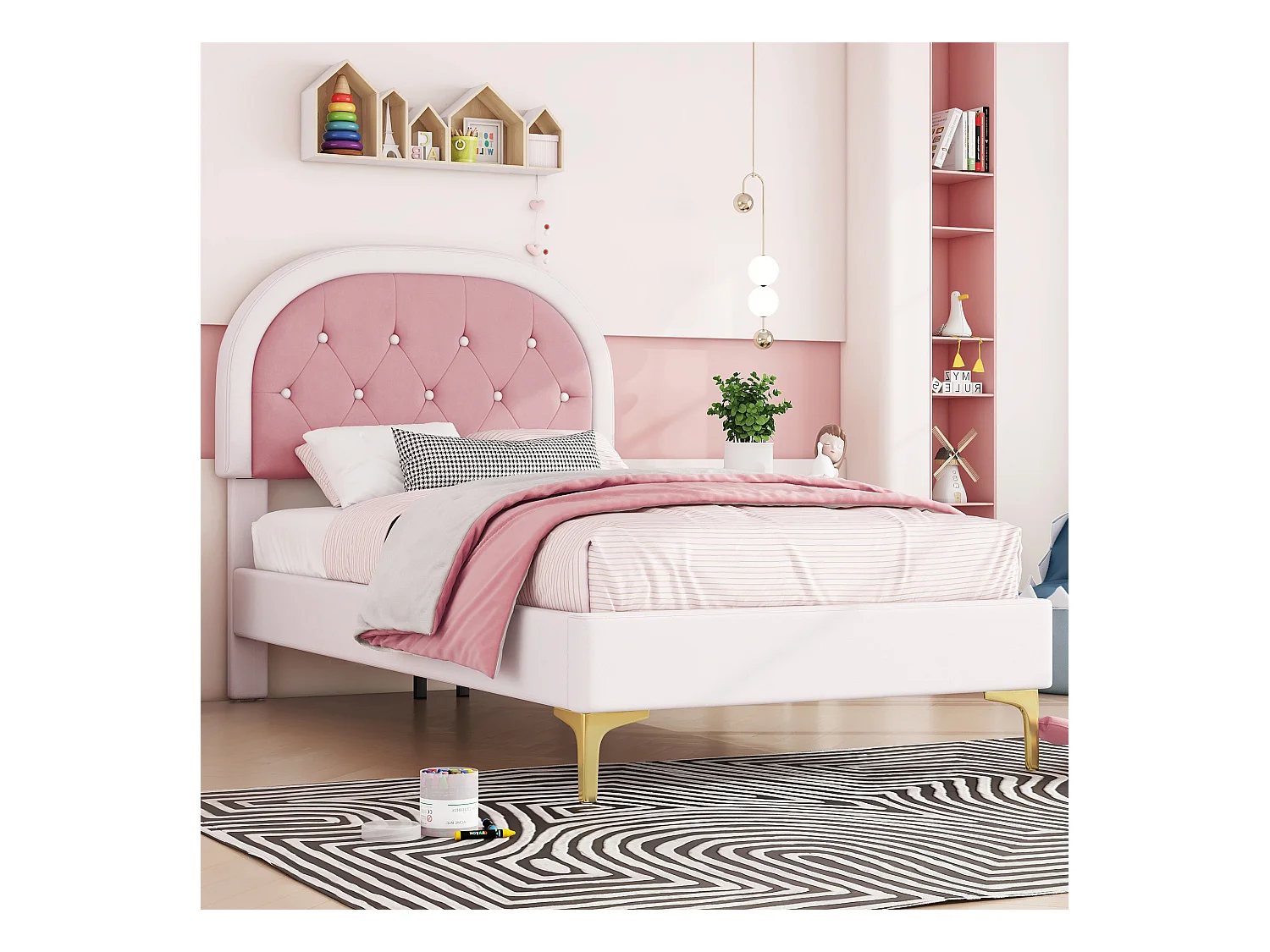Lit enfant 90 x 200 cm Pieds en métal Tête de lit incurvée Sans matelas Rose velours