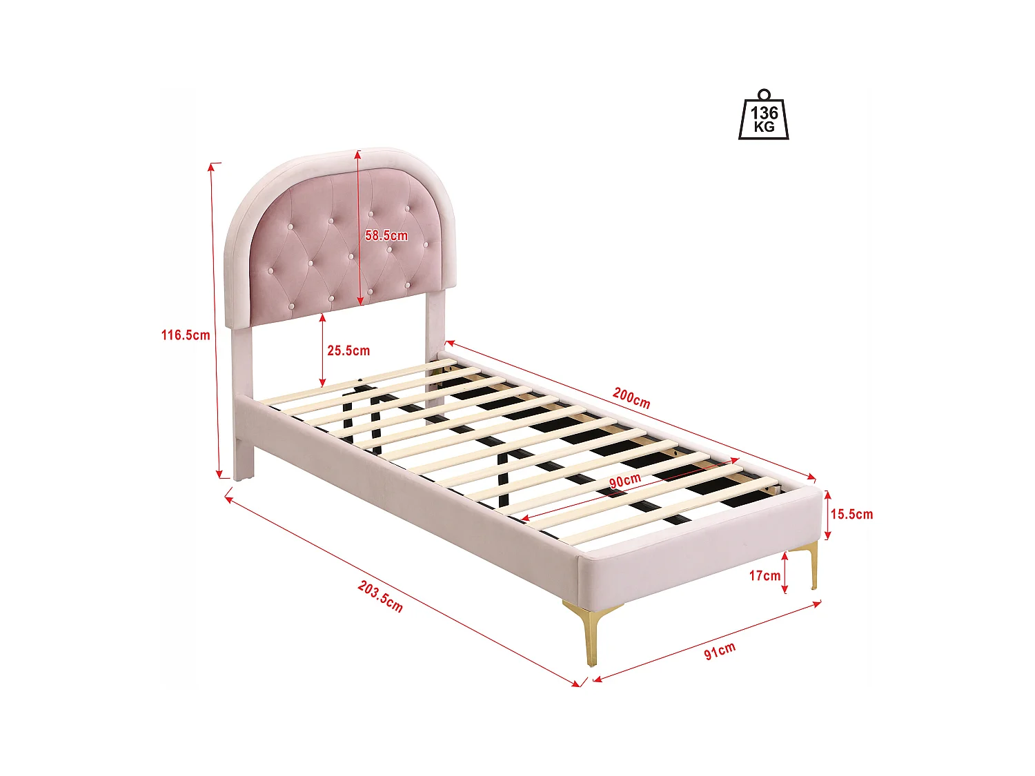 Lit enfant 90 x 200 cm Pieds en métal Tête de lit incurvée Sans matelas Rose velours