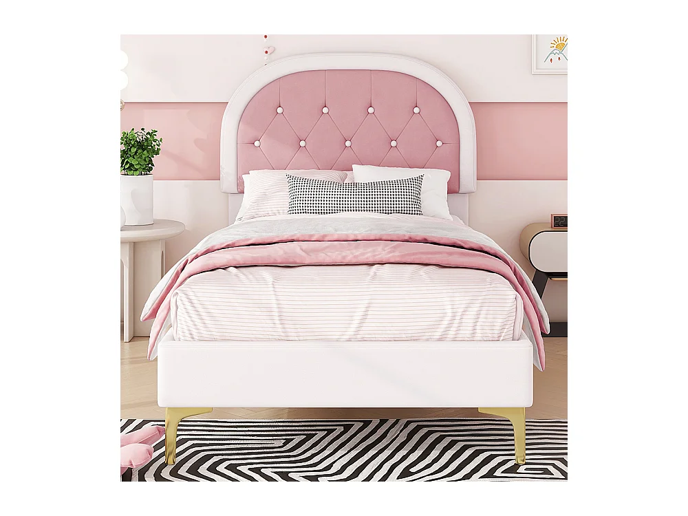 Lit enfant 90 x 200 cm Pieds en métal Tête de lit incurvée Sans matelas Rose velours