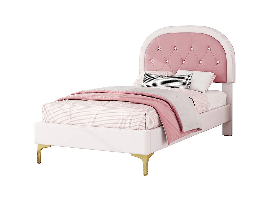 Lit enfant 90 x 200 cm Pieds en métal Tête de lit incurvée Sans matelas Rose velours