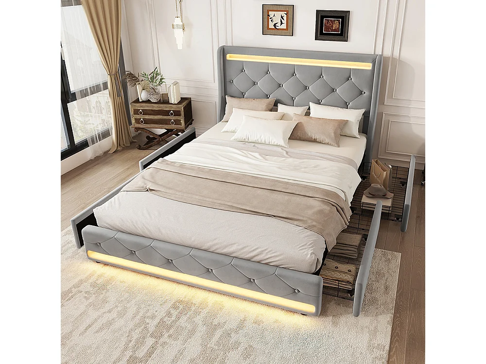 Lit avec rangements 140 x 200 cm avec télécommande Quatre tiroirs Sans matelas Gris velours