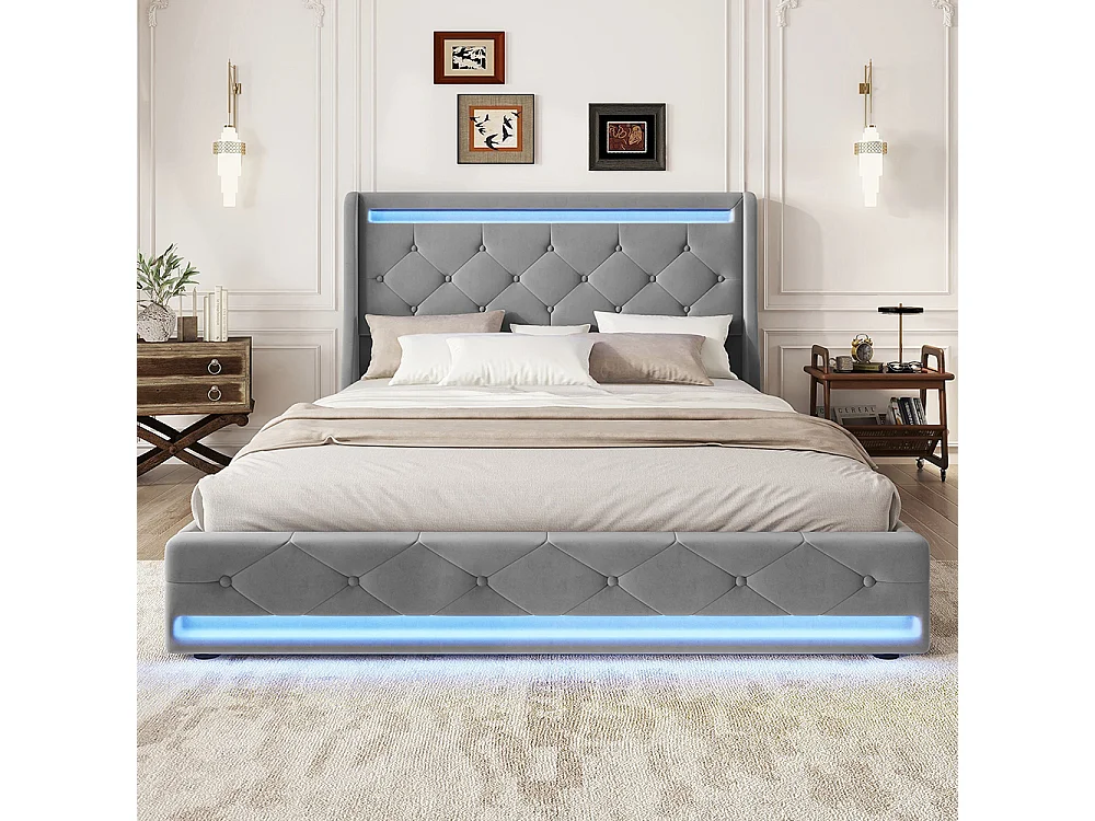 Lit avec rangements 140 x 200 cm avec télécommande Quatre tiroirs Sans matelas Gris velours