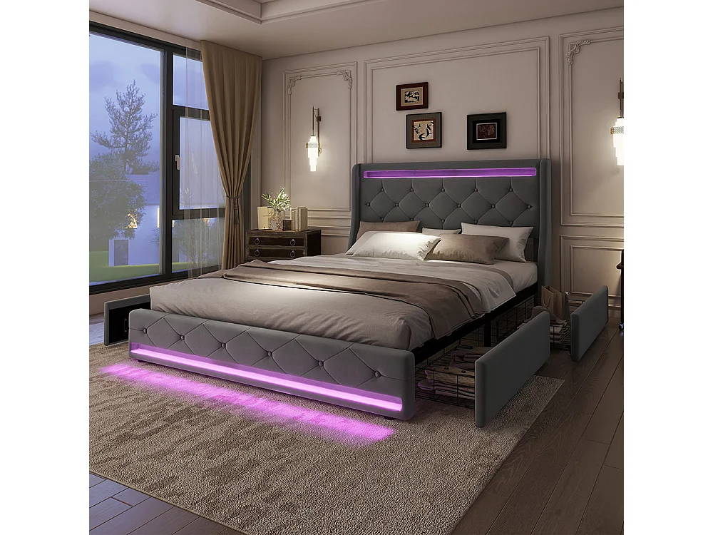 Lit avec rangements 140 x 200 cm avec télécommande Quatre tiroirs Sans matelas Gris velours
