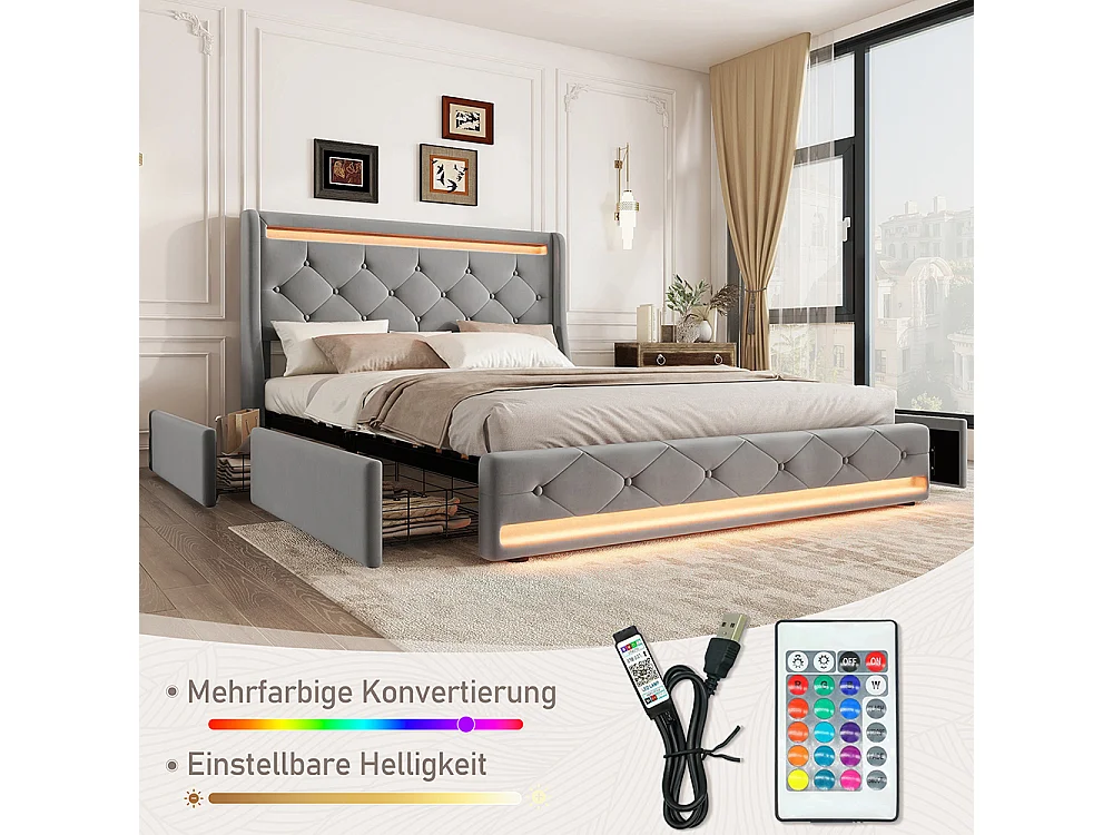 Lit avec rangements 140 x 200 cm avec télécommande Quatre tiroirs Sans matelas Gris velours