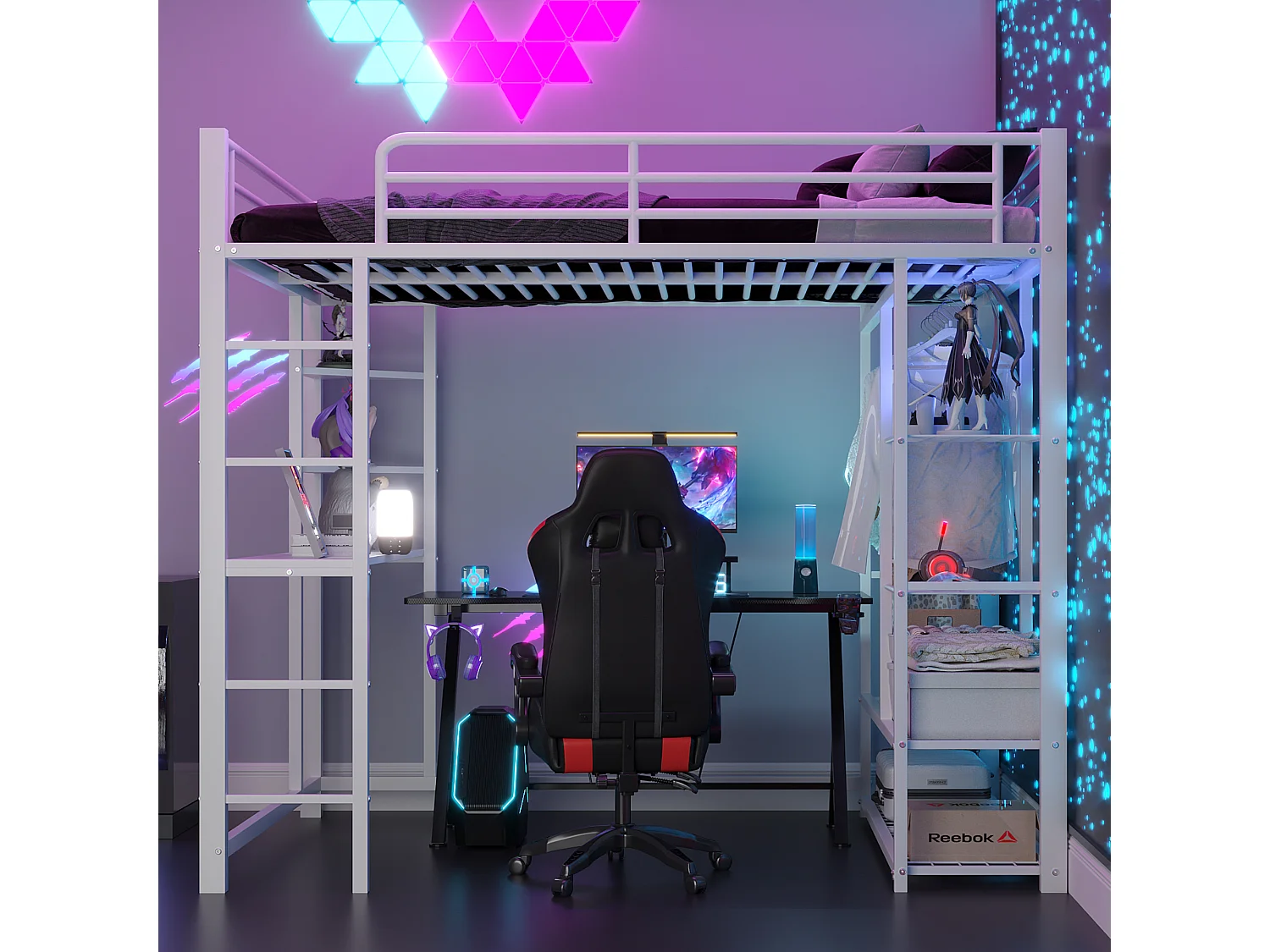 Lit enfant Lit 90 x 200 Dormant en hauteur avec échelle avec table et rangement Blanc