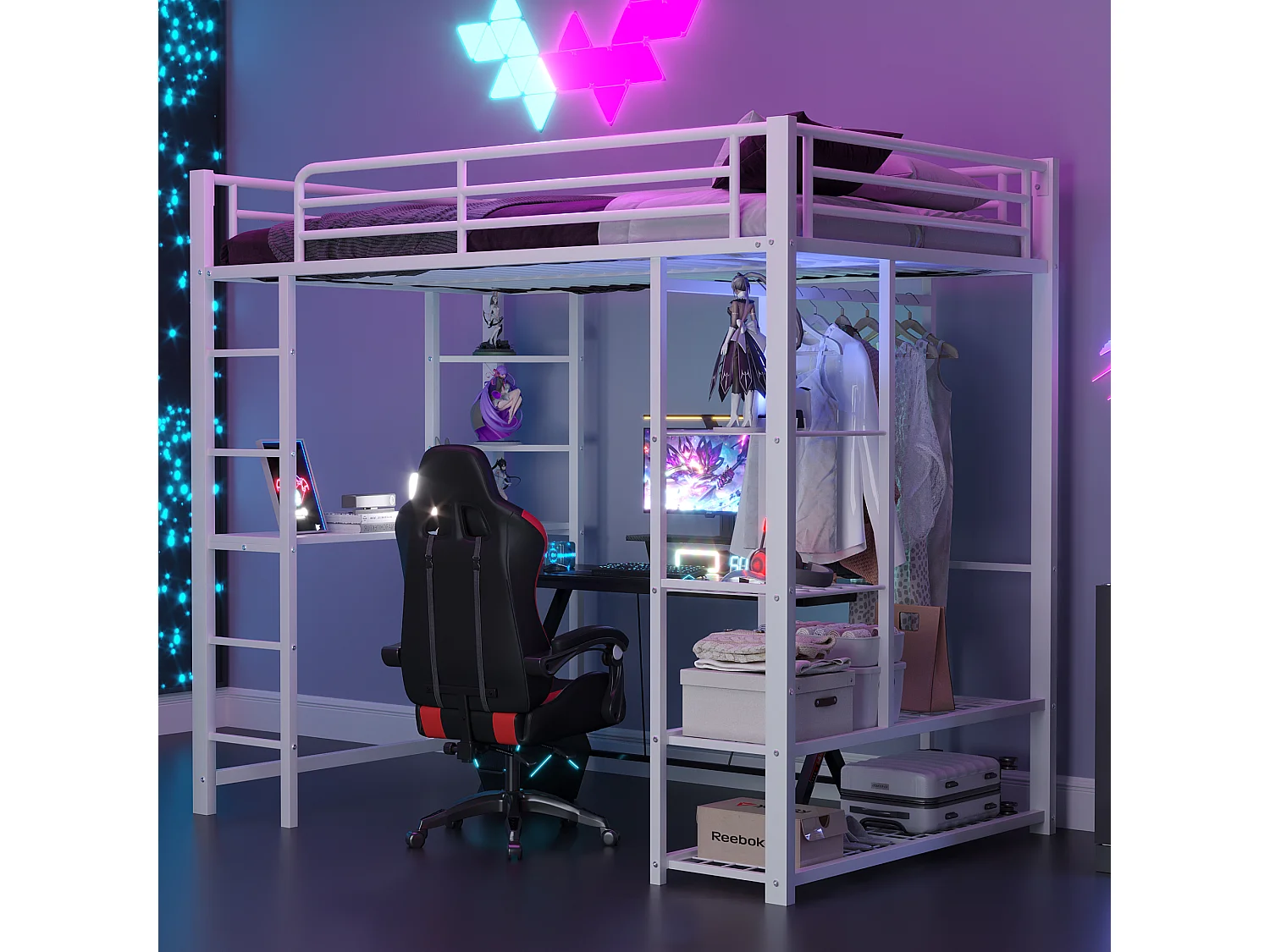 Lit enfant Lit 90 x 200 Dormant en hauteur avec échelle avec table et rangement Blanc