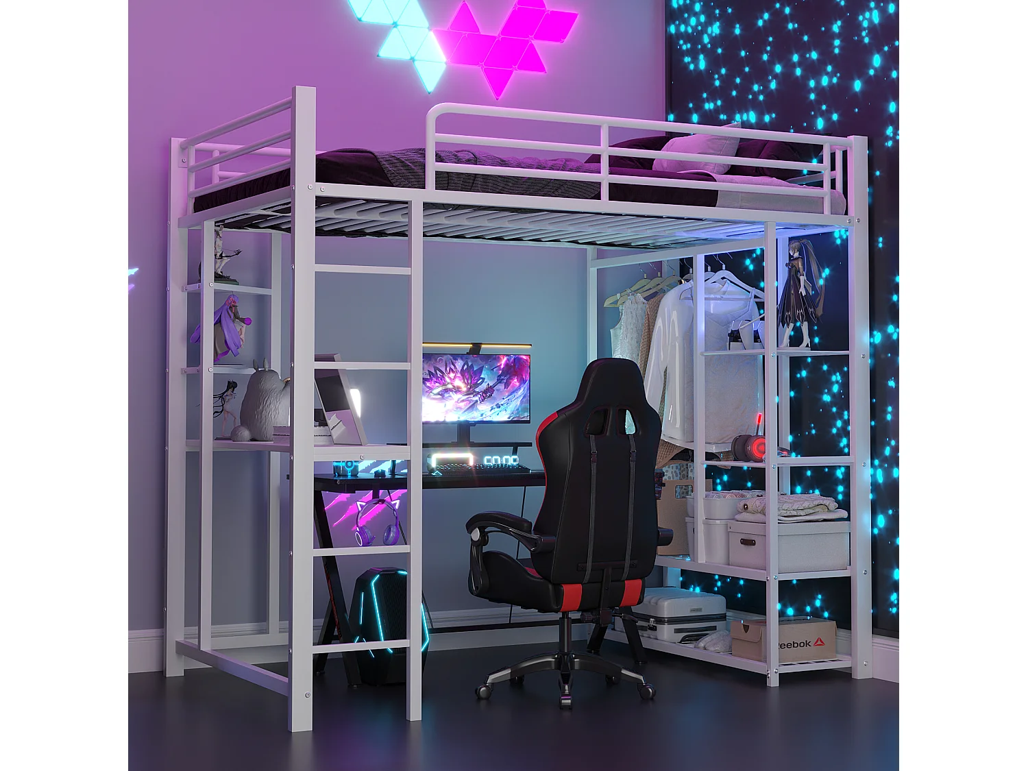 Lit enfant Lit 90 x 200 Dormant en hauteur avec échelle avec table et rangement Blanc