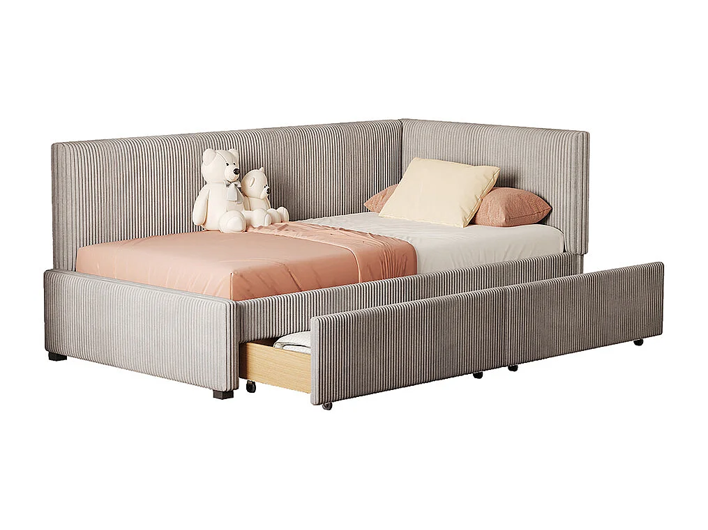 Lit enfant 90x200 cm Lit banquette avec 2 grands tiroirs de rangement et sommier à lattes Gris