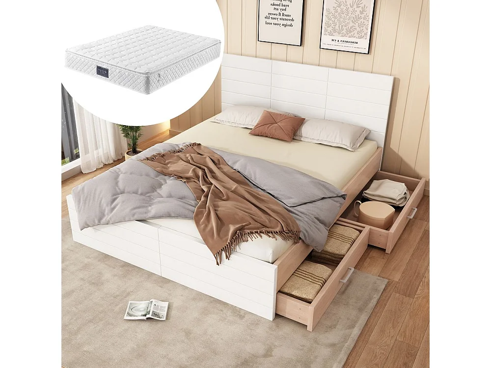 Lit avec rangement 140 x 200 cm avec 2 tiroirs cadre et sommier à lattes Avec matelas Blanc