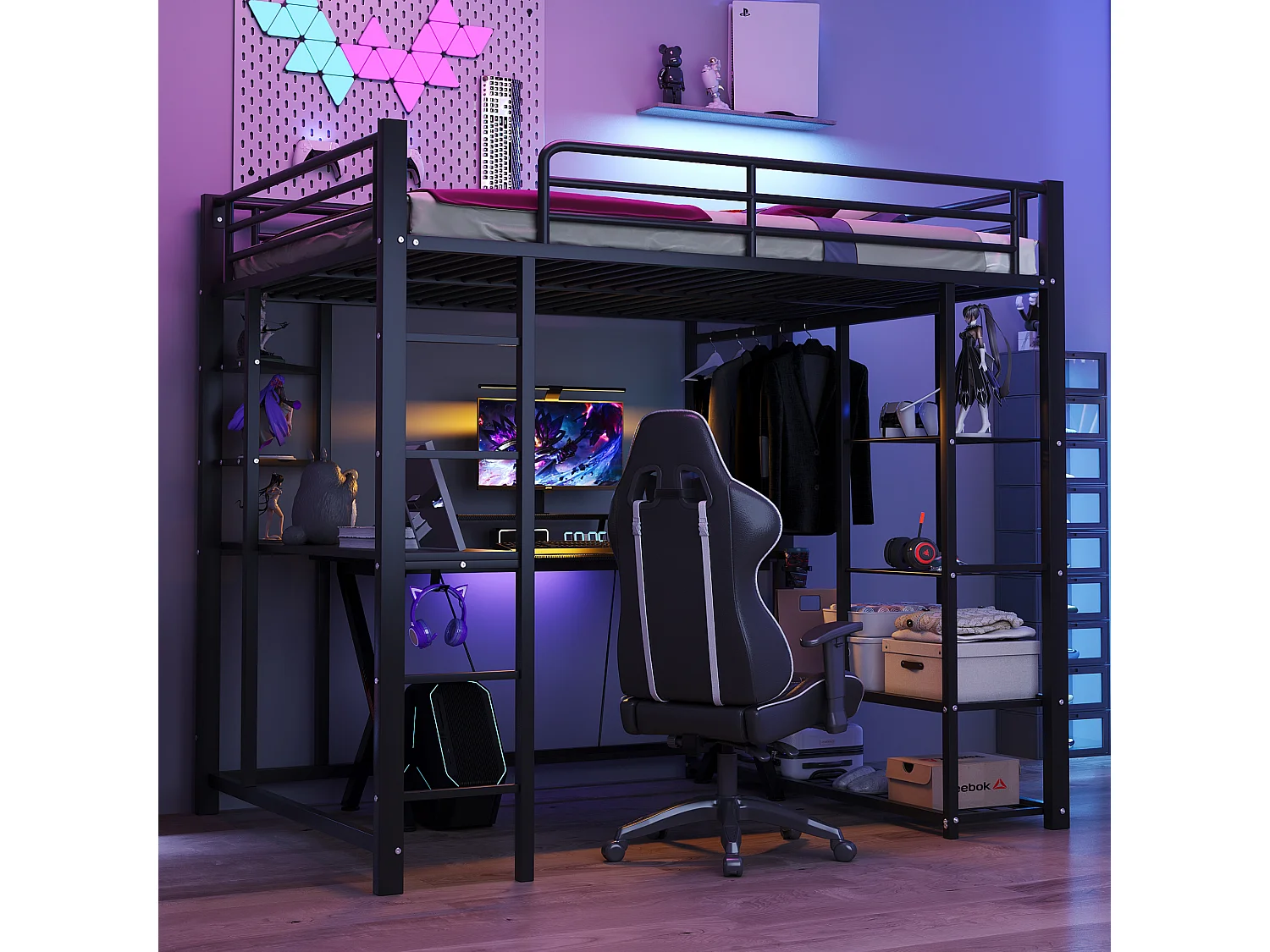 Lit enfant Lit 140x200 Dormant en hauteur avec échelle avec table et rangement Métal Noir