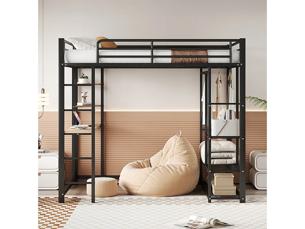 Lit enfant Lit 140x200 Dormant en hauteur avec échelle avec table et rangement Métal Noir