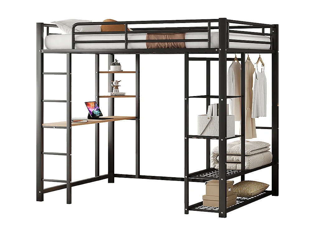 Lit enfant Lit 140x200 Dormant en hauteur avec échelle avec table et rangement Métal Noir