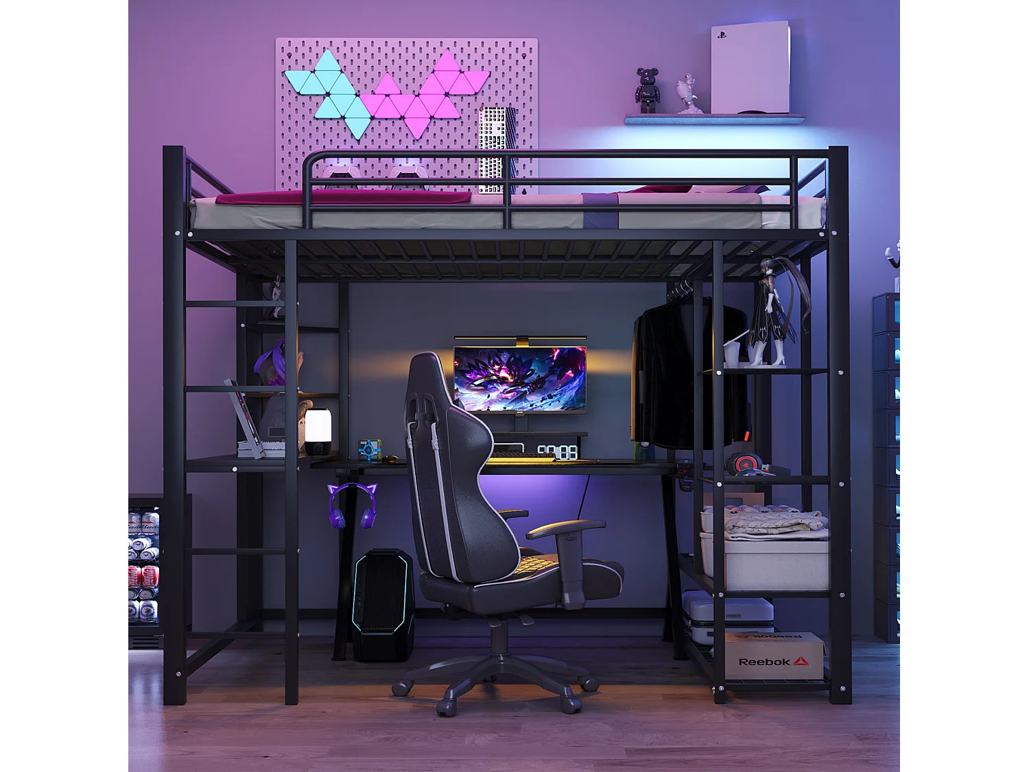 Lit enfant Lit 140x200 Dormant en hauteur avec échelle avec table et rangement Métal Noir