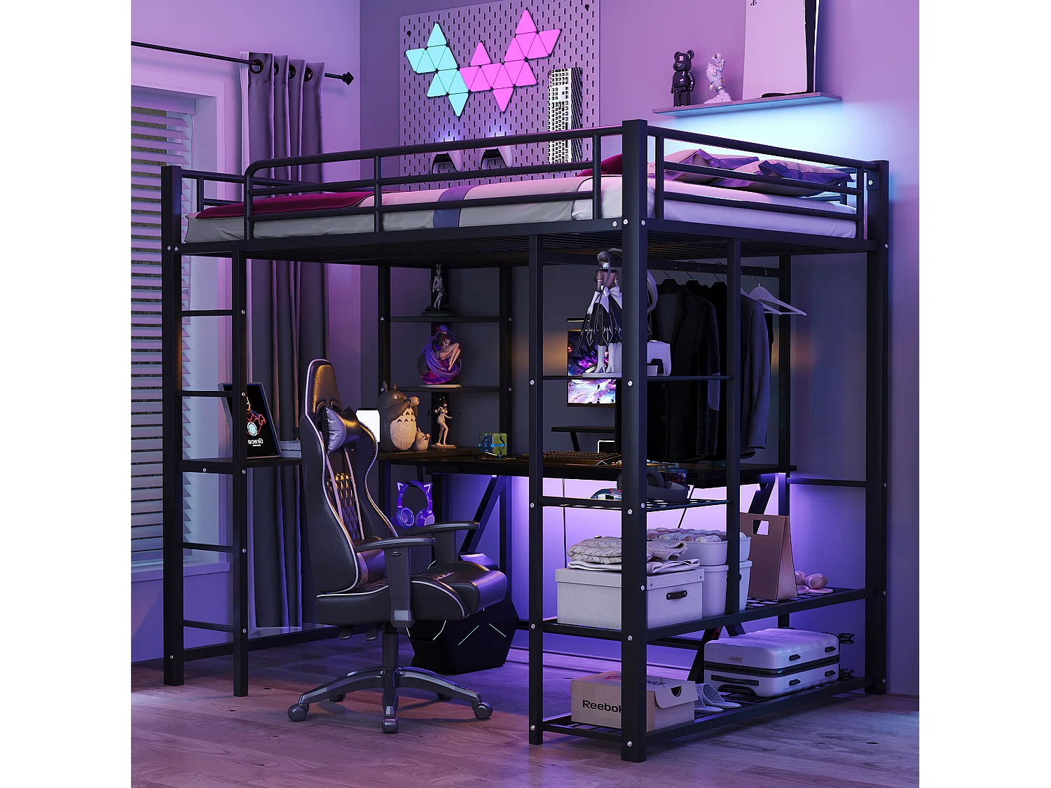 Lit enfant Lit 140x200 Dormant en hauteur avec échelle avec table et rangement Métal Noir