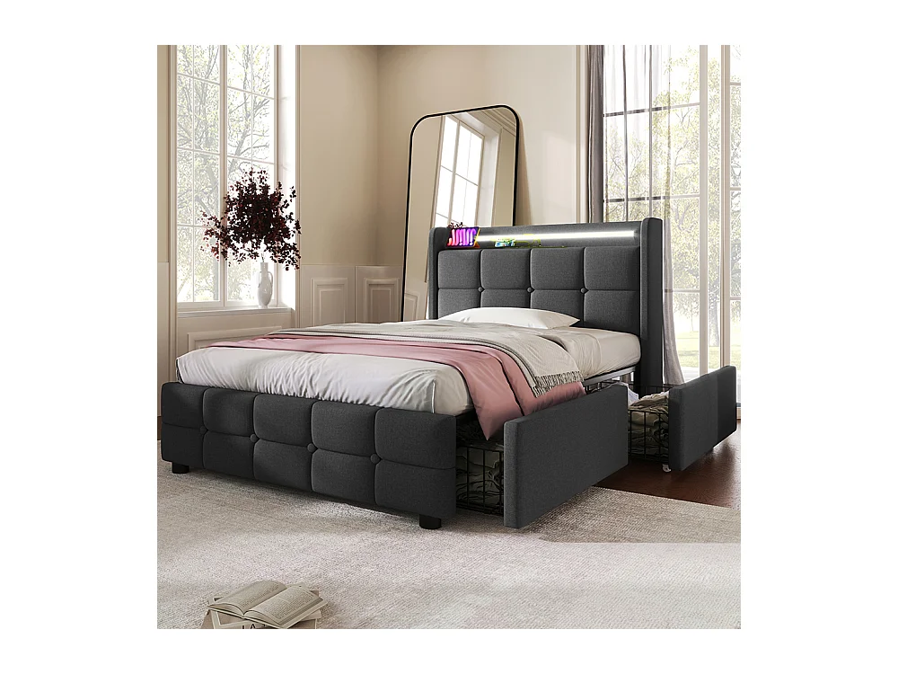 Lit avec tiroirs Lit rembourré avec fonction de recharge USB Tête de lit et éclairage LED et 2 tiroirs Lit simple 90x200cm Gris-Avec matelas