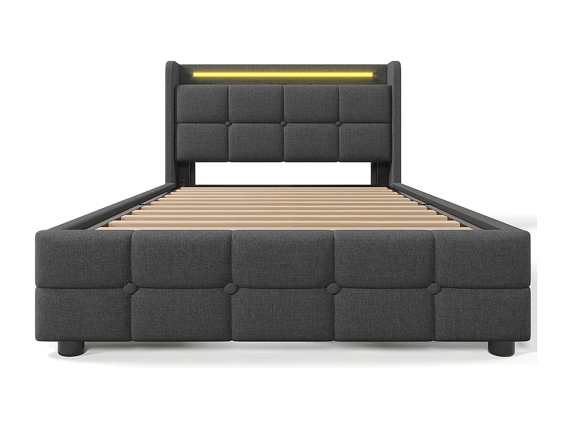 Lit avec tiroirs Lit rembourré avec fonction de recharge USB Tête de lit et éclairage LED et 2 tiroirs Lit simple 90x200cm Gris-Avec matelas