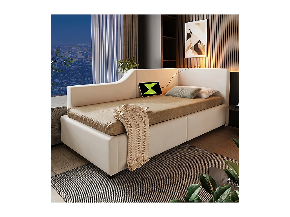 Lit enfant 90 x 200 avec rangement hydraulique avec liseuse et fonction de recharge USB-C Beige velours.