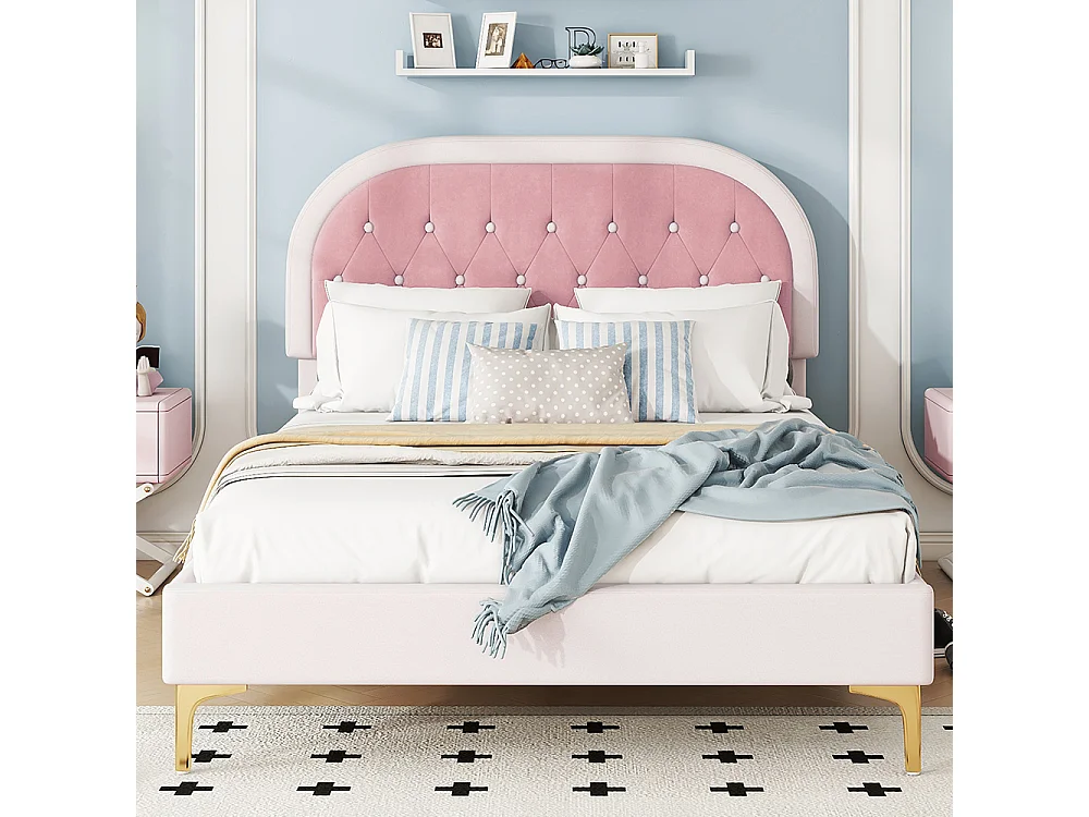 Lit enfant 140x200 cm Pieds métal Tête de lit incurvée Sans matelas Velours Rose