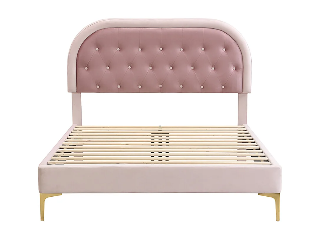 Lit enfant 140x200 cm Pieds métal Tête de lit incurvée Sans matelas Velours Rose