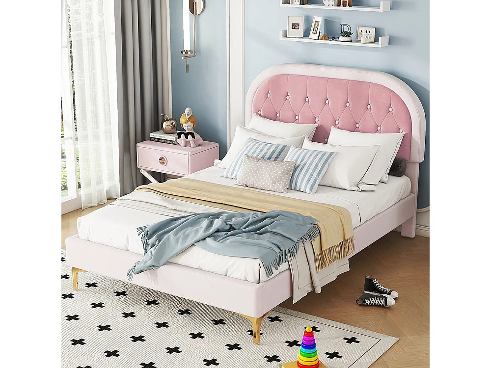 Lit enfant 140x200 cm Pieds métal Tête de lit incurvée Sans matelas Velours Rose