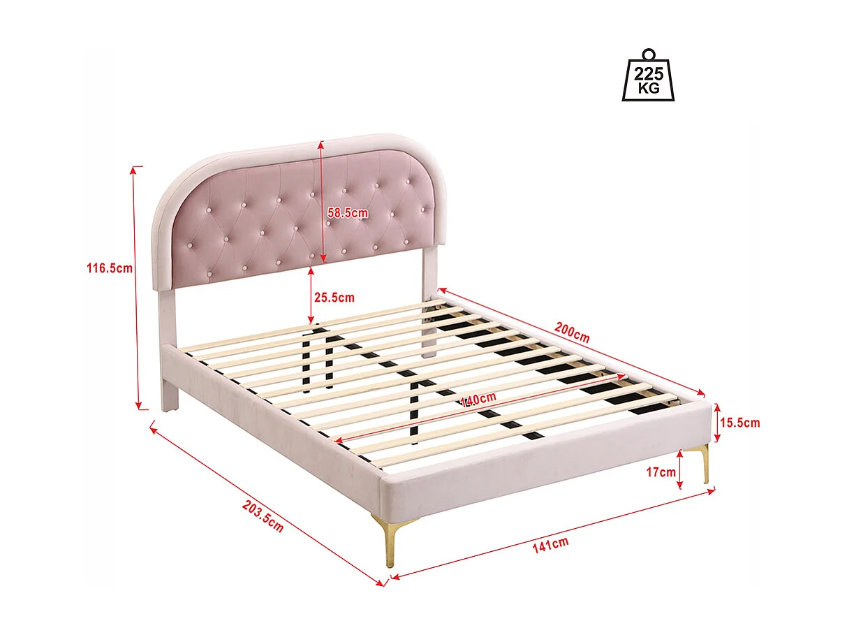 Lit enfant 140x200 cm Pieds métal Tête de lit incurvée Sans matelas Velours Rose