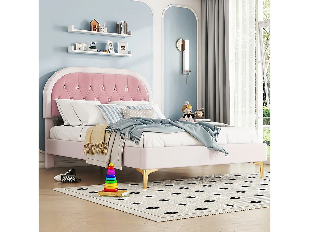Lit enfant 140x200 cm Pieds métal Tête de lit incurvée Sans matelas Velours Rose
