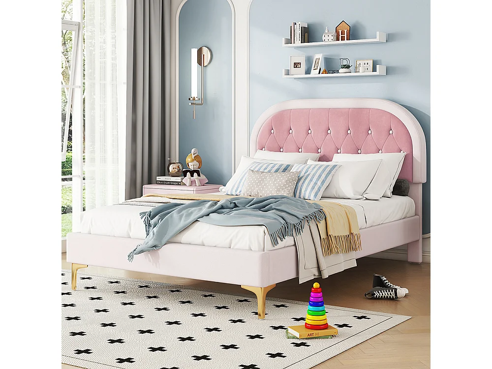 Lit enfant 140x200 cm Pieds métal Tête de lit incurvée Sans matelas Velours Rose