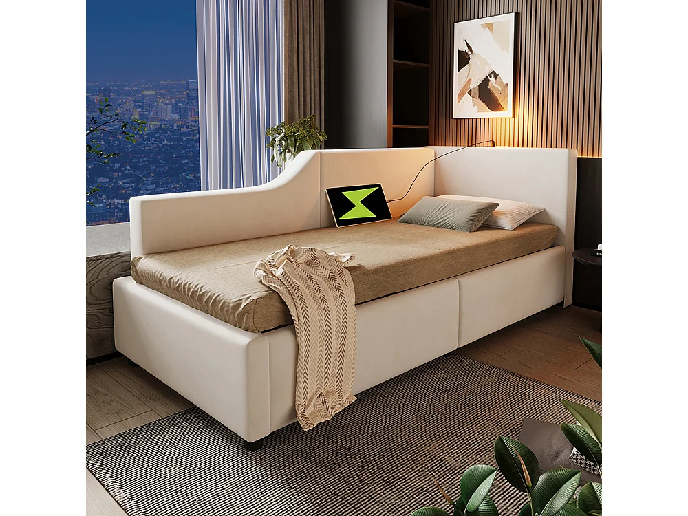 Lit enfant 90x190 avec rangement hydraulique avec liseuse et fonction de recharge USB-C Beige velours.