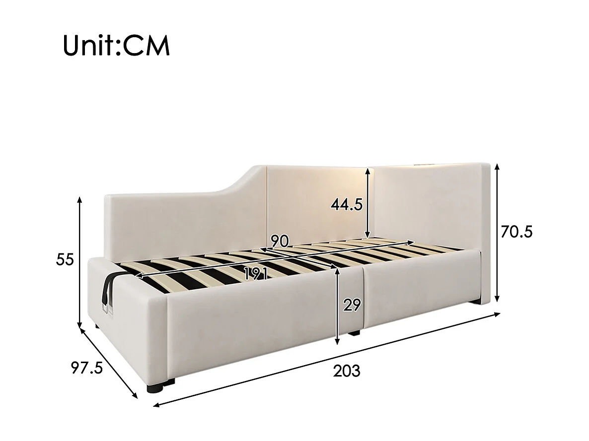 Lit enfant 90x190 avec rangement hydraulique avec liseuse et fonction de recharge USB-C Beige velours.