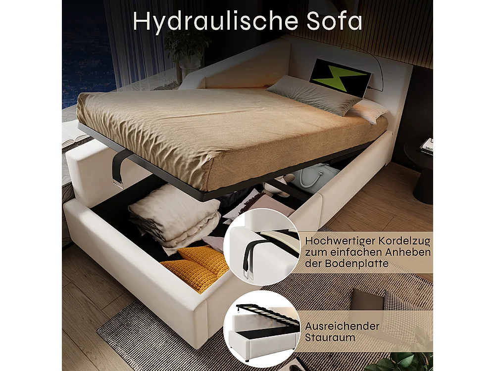 Lit enfant 90x190 avec rangement hydraulique avec liseuse et fonction de recharge USB-C Beige velours.