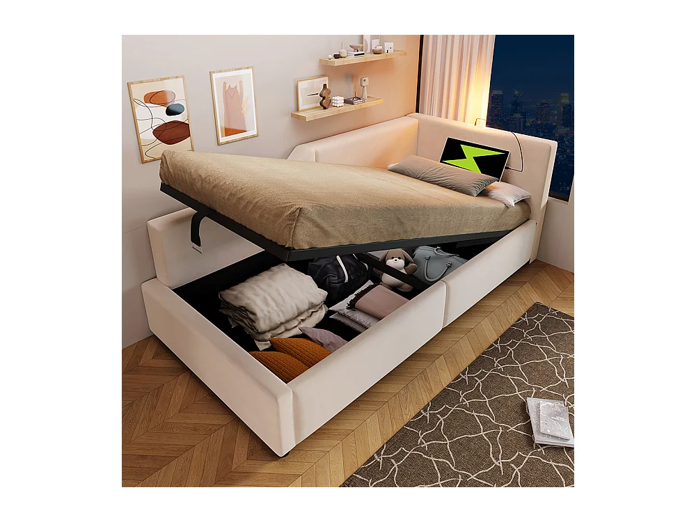 Lit enfant 90x190 avec rangement hydraulique avec liseuse et fonction de recharge USB-C Beige velours.