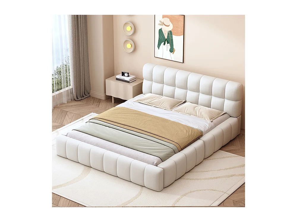 Lit enfant double 140 x 200 cm avec dossier moelleux cadre rembourré sommier lin matelas non inclus Beige