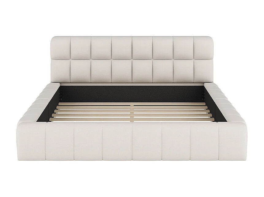 Lit enfant double 140 x 200 cm avec dossier moelleux cadre rembourré sommier lin matelas non inclus Beige