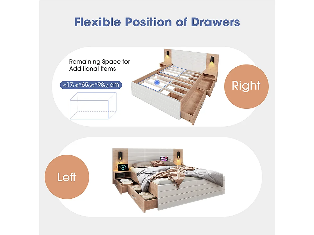 Lit avec rangement 160 x 200 cm avec 2 tiroirs tête de lit avec lumière de lecture et chargement USB incluant 2 chevets sans matelas Blanc