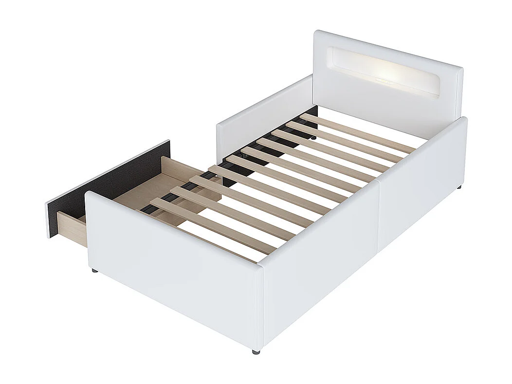 Lit avec rangement enfant 90 x 200 cm avec veilleuse prise USB compartiments de rangement éléments latéraux surélevés pour sécurité Blanc