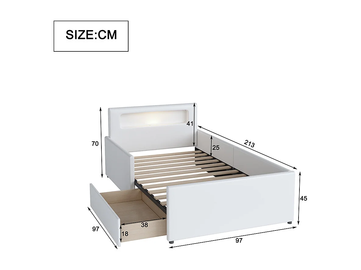Lit avec rangement enfant 90 x 200 cm avec veilleuse prise USB compartiments de rangement éléments latéraux surélevés pour sécurité Blanc