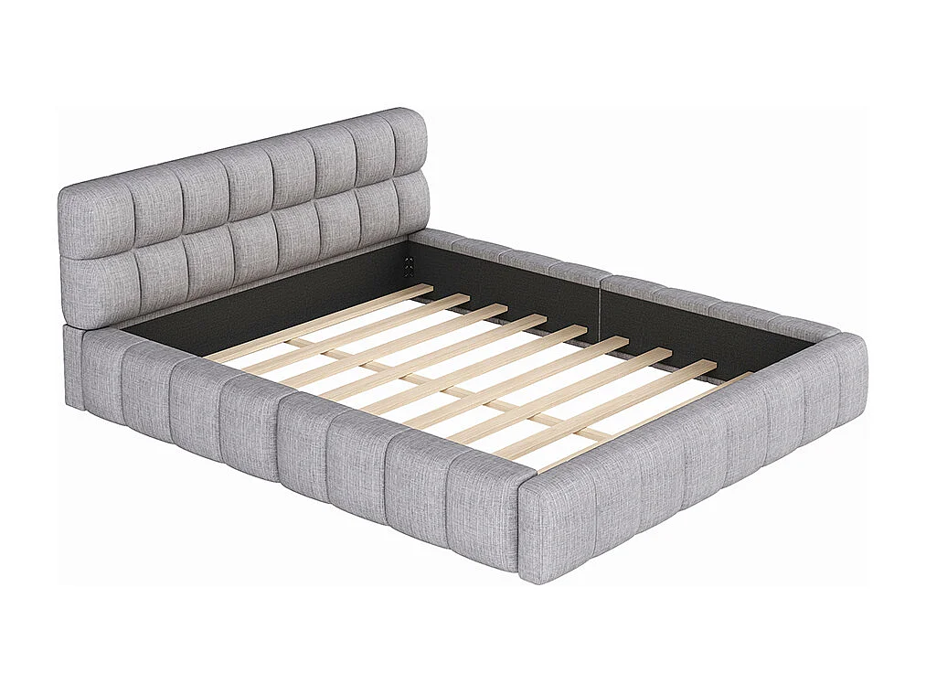 Lit enfant double 140 x 200 cm avec dossier moelleux cadre rembourré sommier lin matelas non inclus Gris