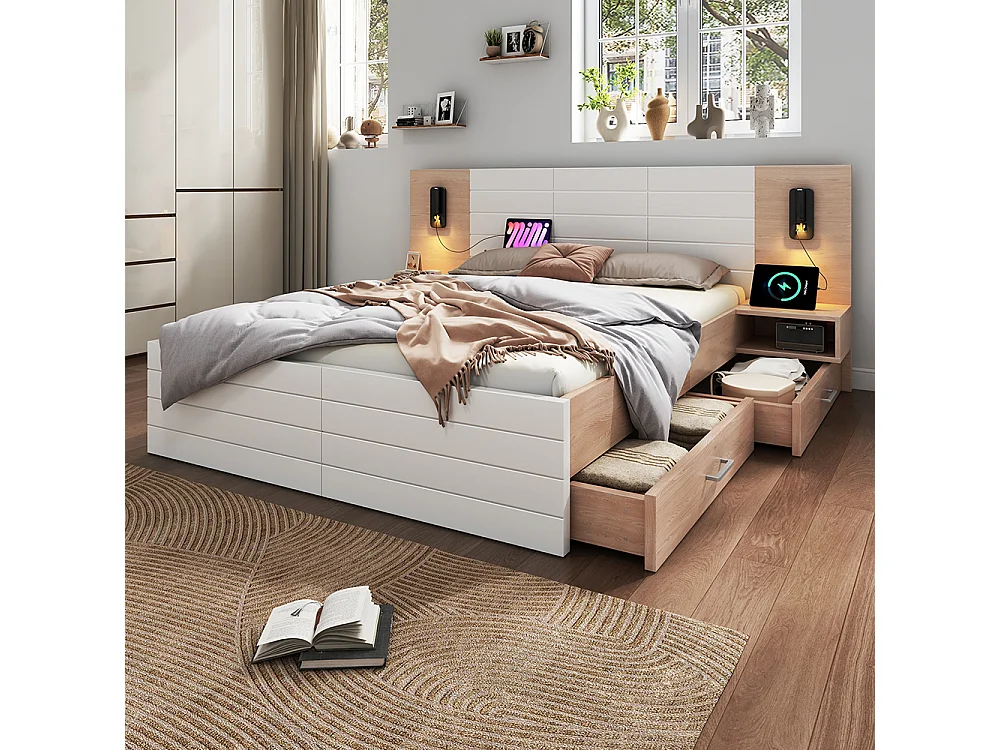 Lit avec rangement 140 x 200 cm avec 2 tiroirs tête de lit avec lumière de lecture et chargement USB incluant 2 chevets Avec matelas Blanc