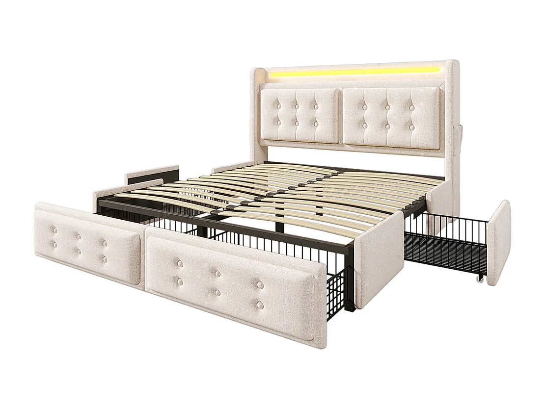 Lit avec rangements 180x200 avec tête de lit LED et fonction de recharge USB C et 4 tiroirs sans matelas Coton Beige