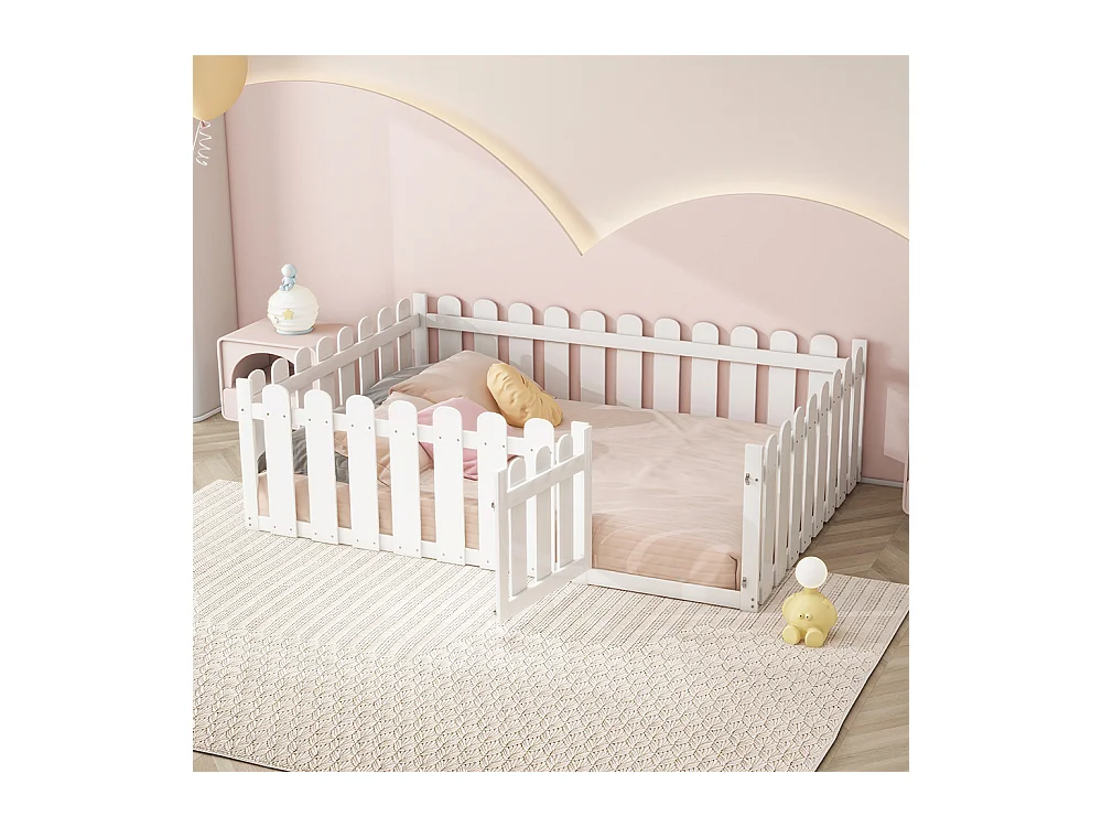 Lit enfant 140 x 200 cm cadre en bois avec bordure et porte Blanc