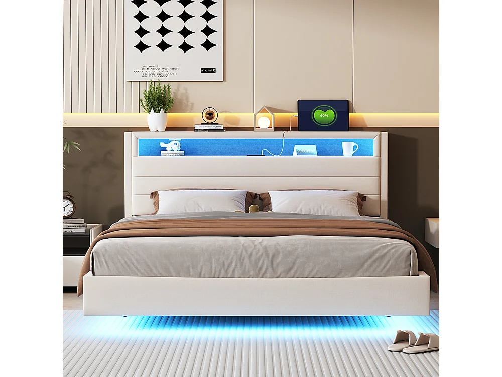 Lit adulte Lit avec rangement 160 x 200 avec connexion USB et éclairage LED Tête de lit réversible Pied de lit caché Lin Beige