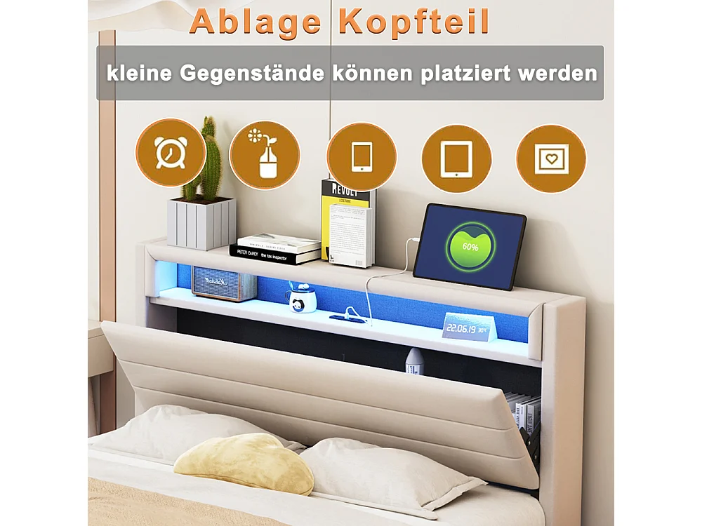Lit adulte Lit avec rangement 160 x 200 avec connexion USB et éclairage LED Tête de lit réversible Pied de lit caché Lin Beige
