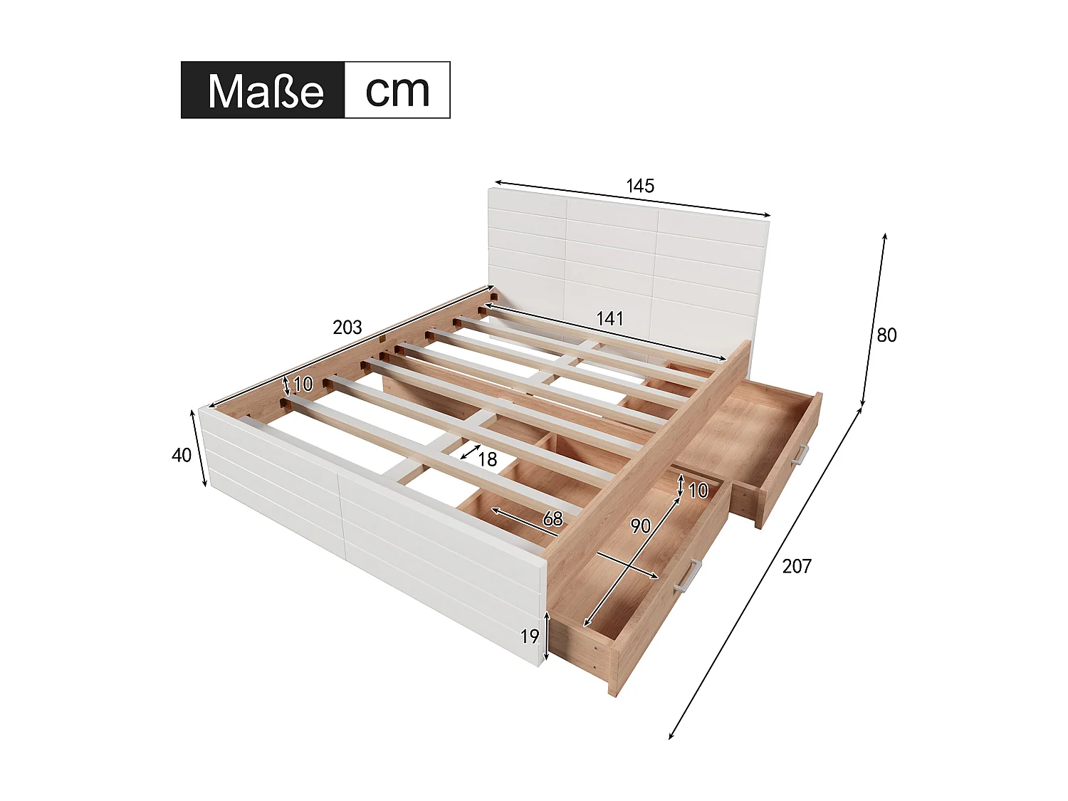 Lit avec rangement 140 x 200 cm avec 2 tiroirs cadre et sommier à lattes Sans matelas Blanc