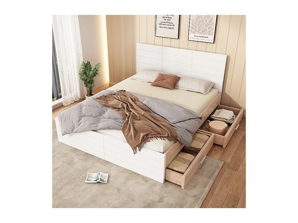 Lit avec rangement 140 x 200 cm avec 2 tiroirs cadre et sommier à lattes Sans matelas Blanc