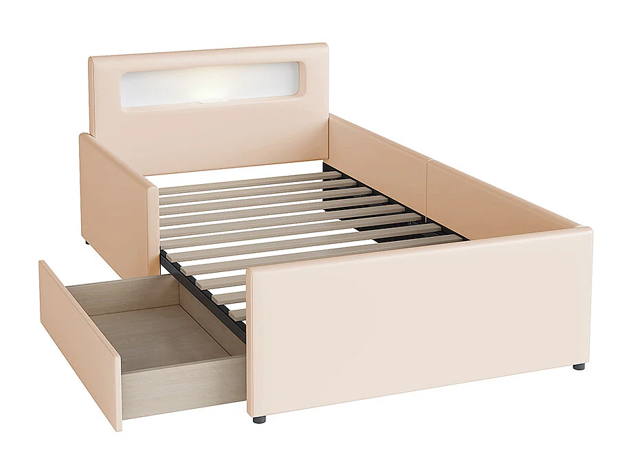 Lit avec rangement enfant 90 x 200 cm avec veilleuse prise USB compartiments de rangement éléments latéraux surélevés pour sécurité Beige