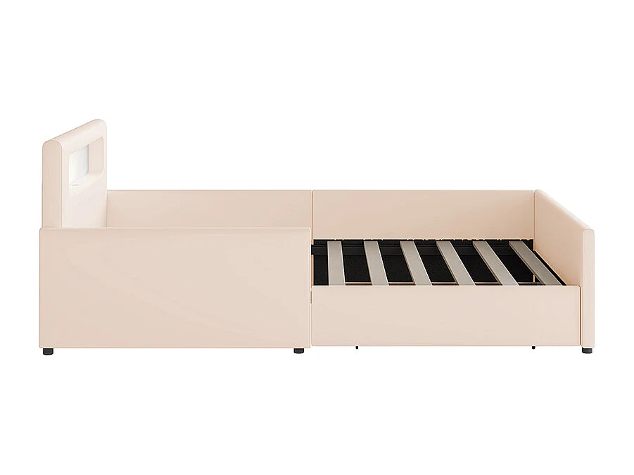 Lit avec rangement enfant 90 x 200 cm avec veilleuse prise USB compartiments de rangement éléments latéraux surélevés pour sécurité Beige